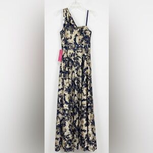 Betsy & Adam Navy and Gold Floral One-Shoulder Long Dress Gown Size 14 NWT